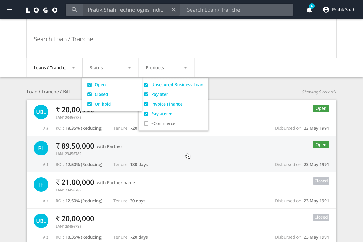 Select a loan or tranche or profile